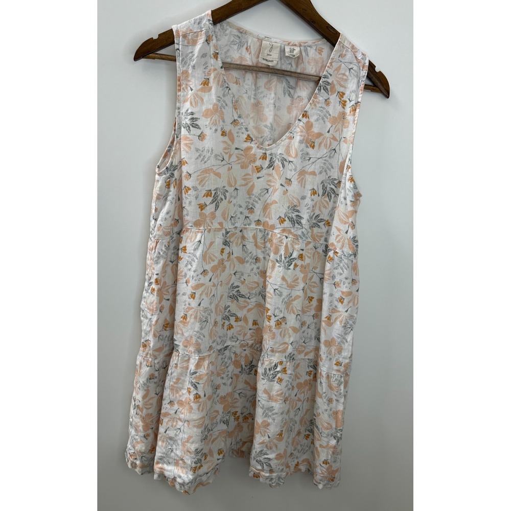Joie Cream & Peach Floral 100% Linen Tiered Sleeveless V-Neck Mini Dress Medium - Picture 7 of 13